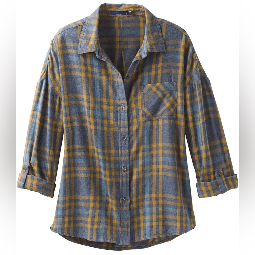 NEW PrAna Organic Cotton Long-Sleeved Flannel - Grey & Yellow - Size Medium